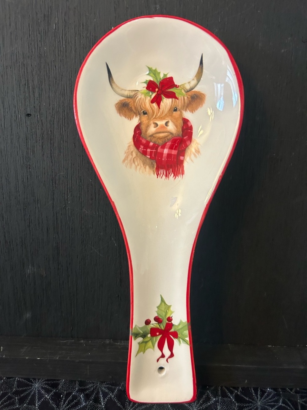 Festive Highland Cow Ceramic Spoon Rest - Red Trim 4”x10”